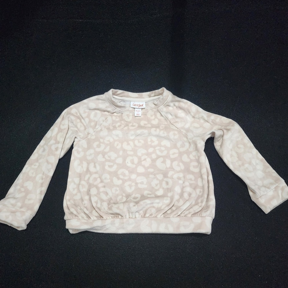 Cat & Jack Girls XS 4/5 Leopard Print Fleece‎ Sweatshirt Tan Cream Long Sleeve